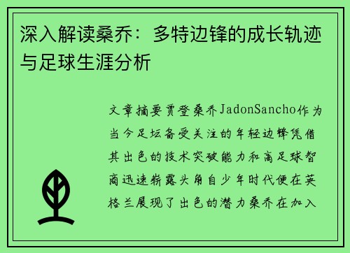 深入解读桑乔：多特边锋的成长轨迹与足球生涯分析