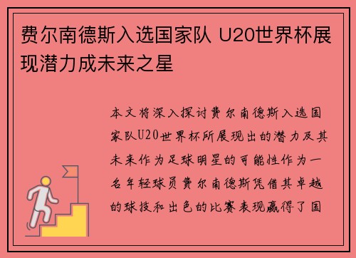 费尔南德斯入选国家队 U20世界杯展现潜力成未来之星